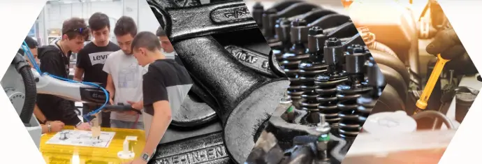 Serie di quattro immagini che rapprensentano: quattro ragazzi vicino un robot; chiavi inglesi; pistoni; motore.