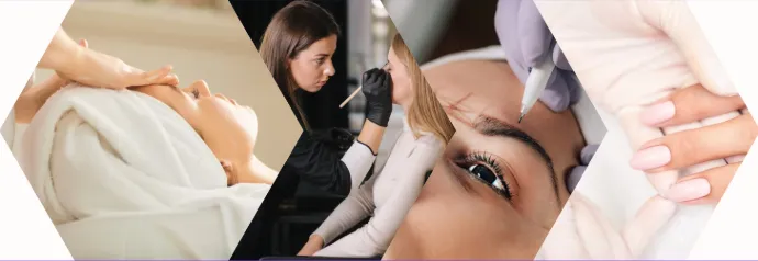 Serie di quattro immagini che rappresentano: volto di una donna con un'asciugamano che copre i capelli; Donna che sta truccando un'altra donna; Occhio di una donna; unghie colorate.
