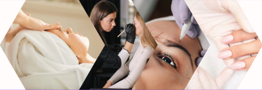Serie di quattro immagini che rappresentano: volto di una donna con un'asciugamano che copre i capelli; Donna che sta truccando un'altra donna; Occhio di una donna; unghie colorate.