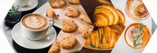 Serie di quattro immagini che rapprensentano: cappuccino; biscotti; cornetti; thé.