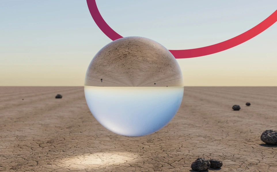 Sfondo desertico e cielo azzurro con una sfera trasparente che riflette in modo speculare lo sfondo. Piccolo arco rosso dietro la sfera